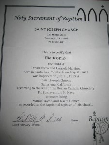 Elia Romo's Baptismal Certificate. 
