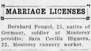 Fengel - Higuera wedding license announcement. Santa Cruz Sentinel, Jan 3, 1934. 